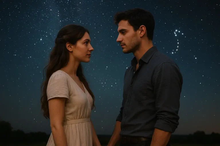 Virgo woman and Scorpio man under a starry night, illustrating the depth of their relationship.