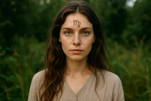 Kobieta z symbolem Panny w otoczeniu natury, reprezentująca cechy ziemskiej perfekcjonistki.