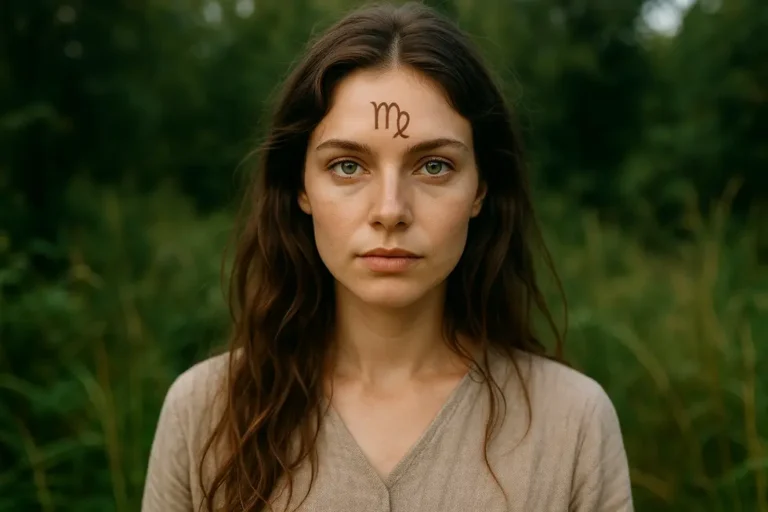 Kobieta z symbolem Panny w otoczeniu natury, reprezentująca cechy ziemskiej perfekcjonistki.