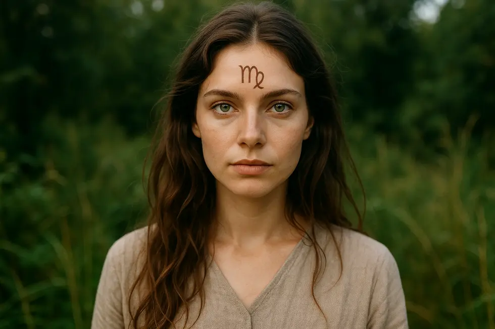 Kobieta z symbolem Panny w otoczeniu natury, reprezentująca cechy ziemskiej perfekcjonistki.