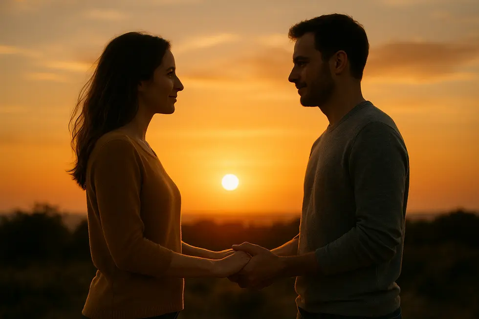 Para trzymająca się za ręce na tle zachodzącego słońca, symbolizująca miłość i wzajemne wsparcie.