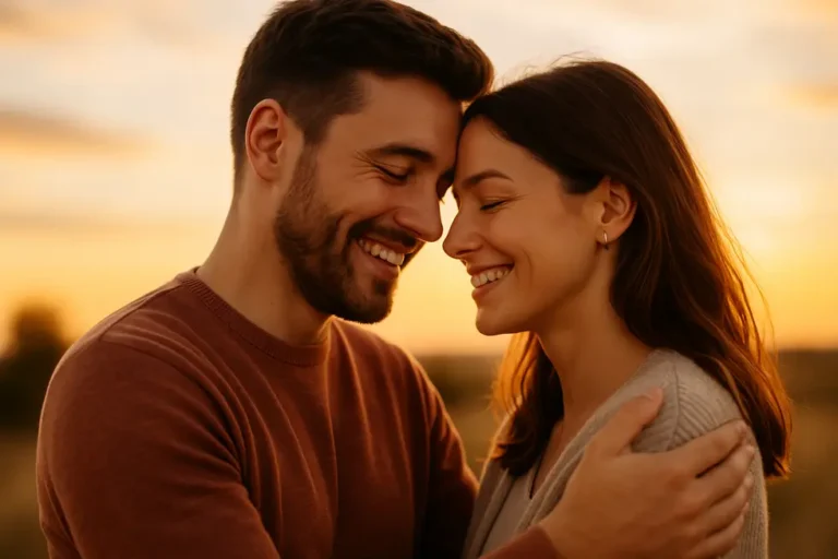 Zbliżenie na szczęśliwą parę obejmującą się na tle zachodzącego słońca.