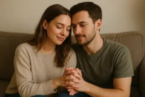 Siedząca para, trzymająca się za ręce, ilustrująca zaufanie i intymność.