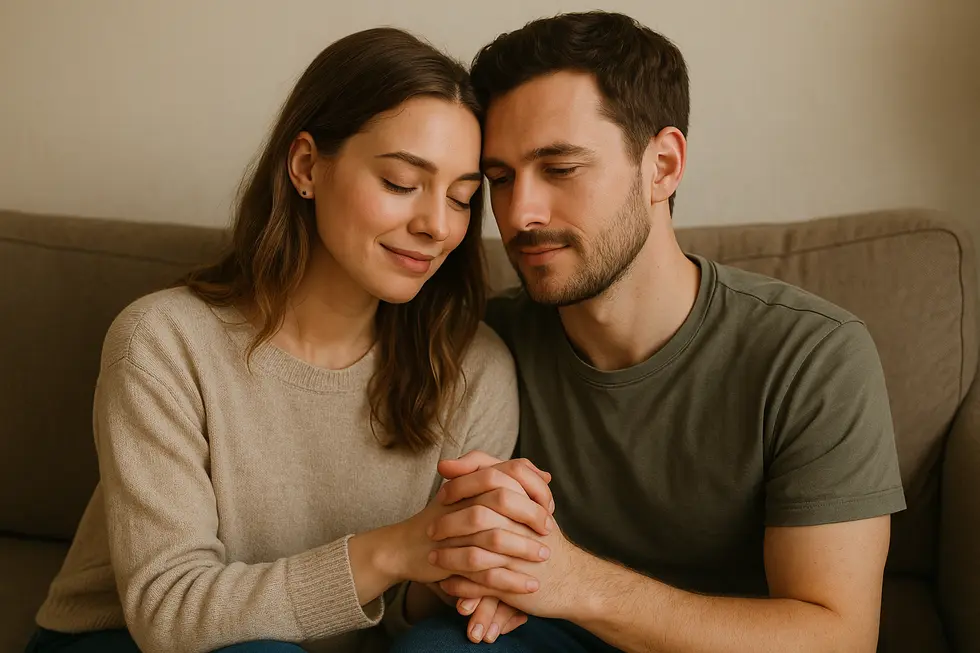 Siedząca para, trzymająca się za ręce, ilustrująca zaufanie i intymność.