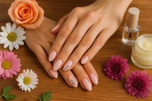 Pięknie zrobiony manicure na tle naturalnych akcesoriów.