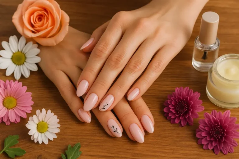 Pięknie zrobiony manicure na tle naturalnych akcesoriów.