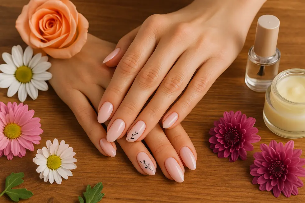 Pięknie zrobiony manicure na tle naturalnych akcesoriów.