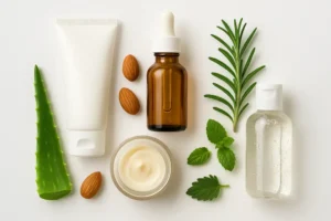 Zestaw organicznych produktów do pielęgnacji cery prezentowanych na białym tle.