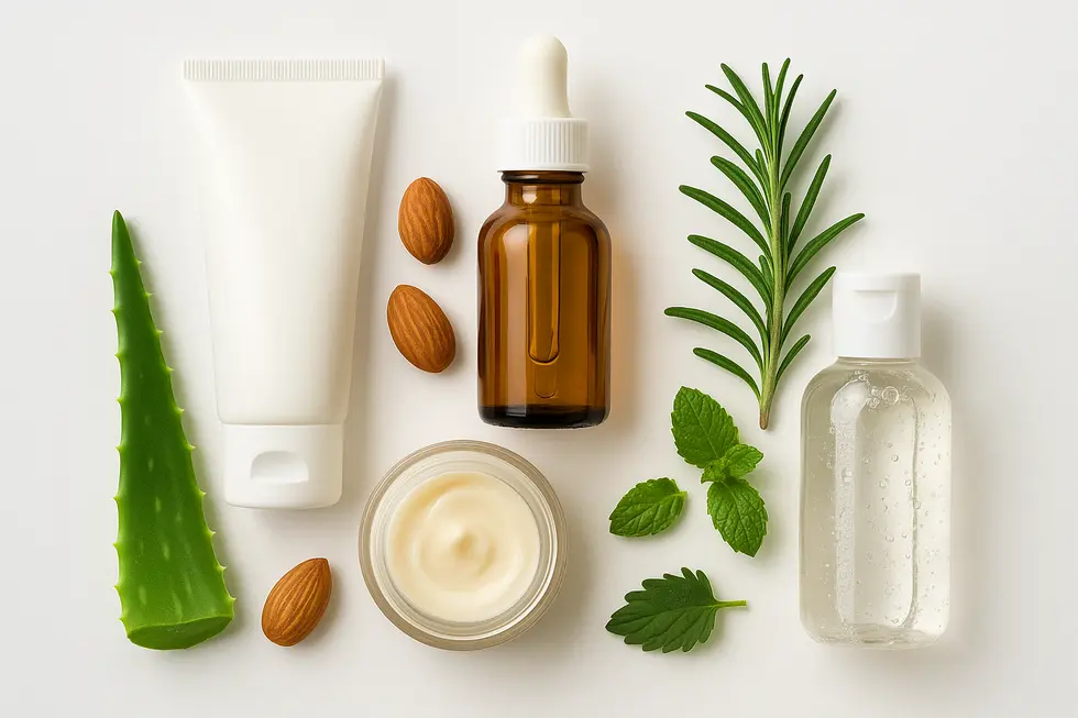 Zestaw organicznych produktów do pielęgnacji cery prezentowanych na białym tle.