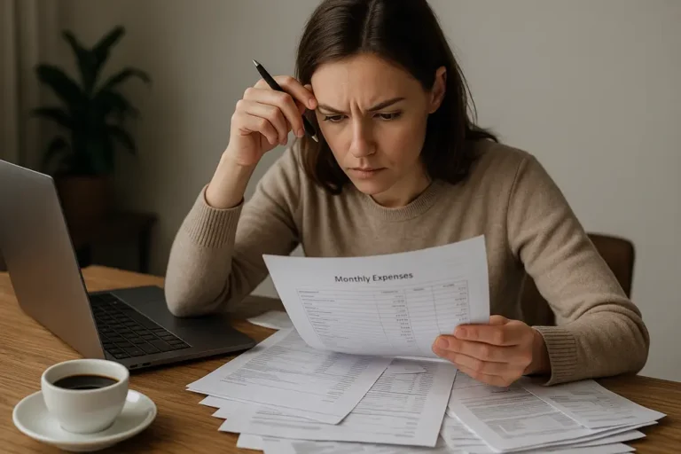 Młoda kobieta przy biurku, analizująca swoje domowe finanse.