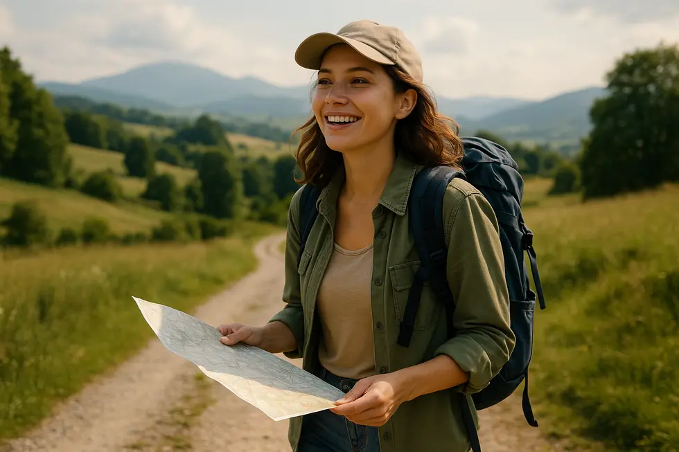 Kobieta wyruszająca w podróż solo, trzymająca mapę.