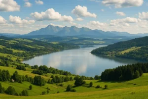 Widok na polski krajobraz z górami i jeziorami, przedstawiający różnorodność dla weekendowych wyjazdów.