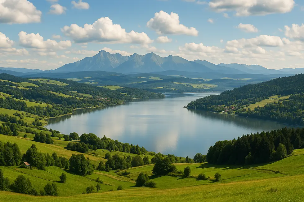 Widok na polski krajobraz z górami i jeziorami, przedstawiający różnorodność dla weekendowych wyjazdów.