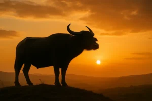 A majestic water buffalo on a hill embodying strength and determination, representative of the zodiac sign for 1997.