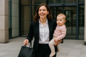 Kobieta z dzieckiem idąca do biura, odzwierciedlająca radość z powrotu do pracy po macierzyństwie.