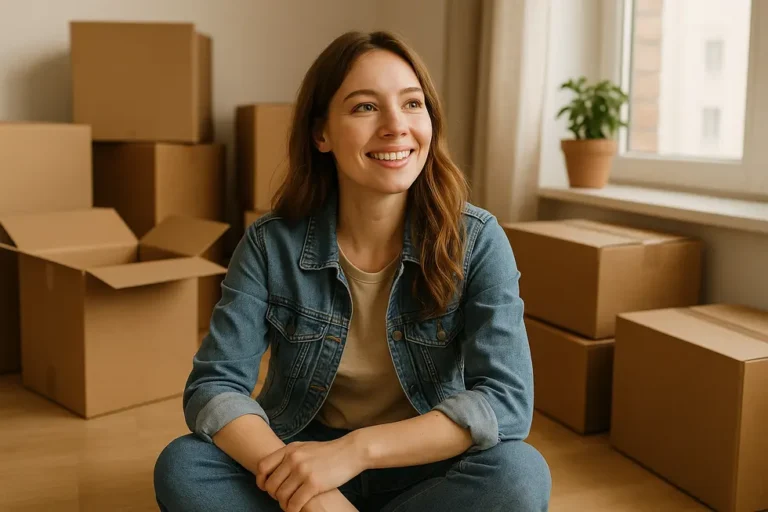 Kobieta w nowym mieszkaniu, wypełnionym kartonami, z uśmiechem i nadzieją na przyszłość.