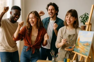 Grupa ludzi cieszących się wspólnie spędzonym czasem.