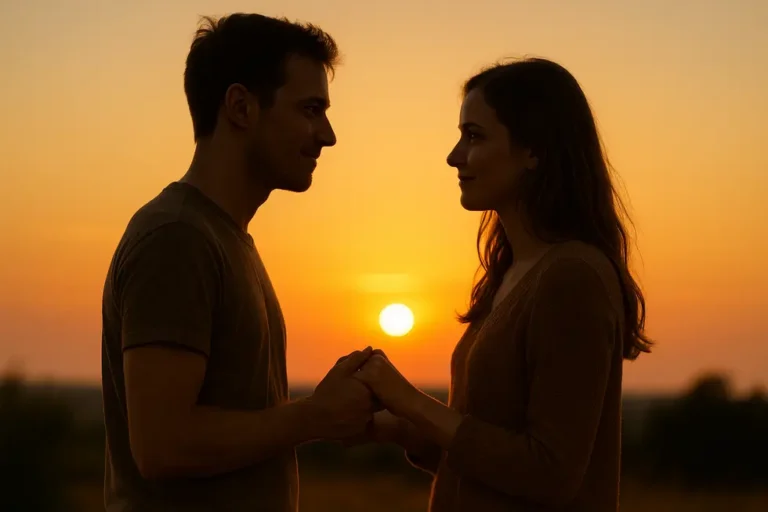 Para trzymająca się za rękę, stająca w blasku zachodzącego słońca, wyrażająca głębokie uczucia.