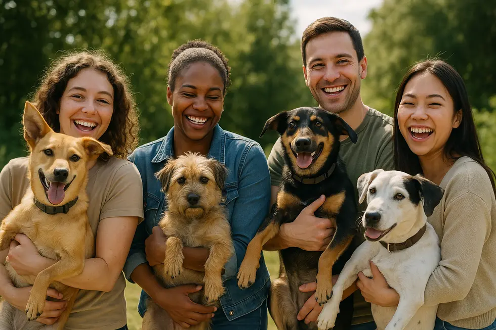 Radosna grupa ludzi z adoptowanymi psami ze schroniska.