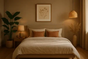 Przytulna sypialnia z naturalnymi barwami, komfortowym łóżkiem i stonowanym oświetleniem.