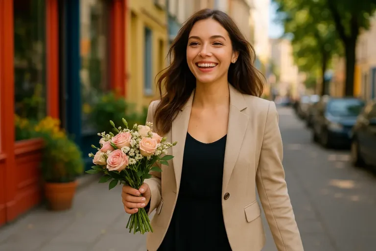 Kobieta idąca na spotkanie z uśmiechem, z bukietem kwiatów w ręku, promiennie szczęśliwa.