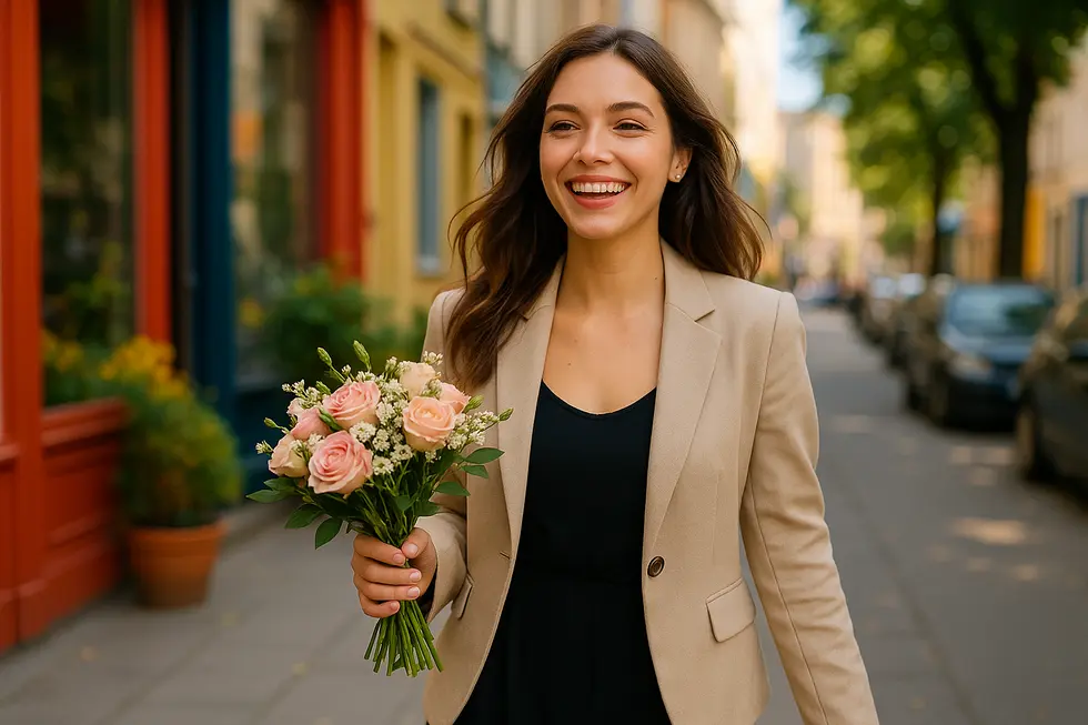 Kobieta idąca na spotkanie z uśmiechem, z bukietem kwiatów w ręku, promiennie szczęśliwa.