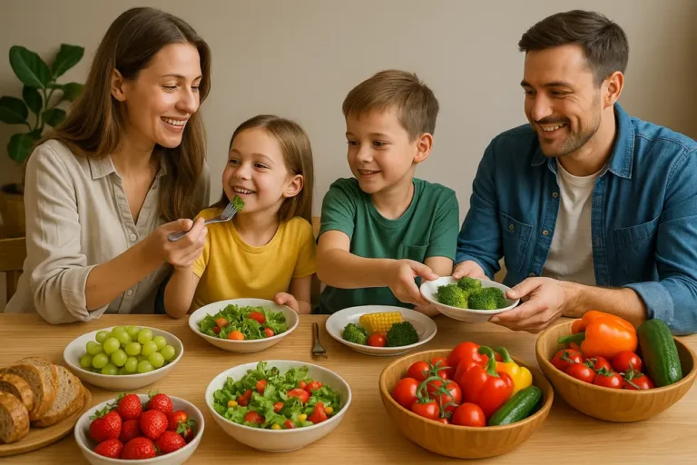 Rodzina siedzi przy stole, jedząc wspólnie posiłek oparty na sezonowych produktach.