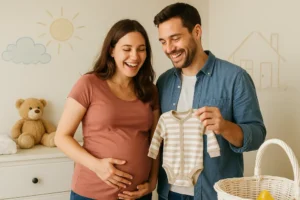 Radosna rodzina w przytulnej przestrzeni, przygotowująca się na narodziny dziecka.
