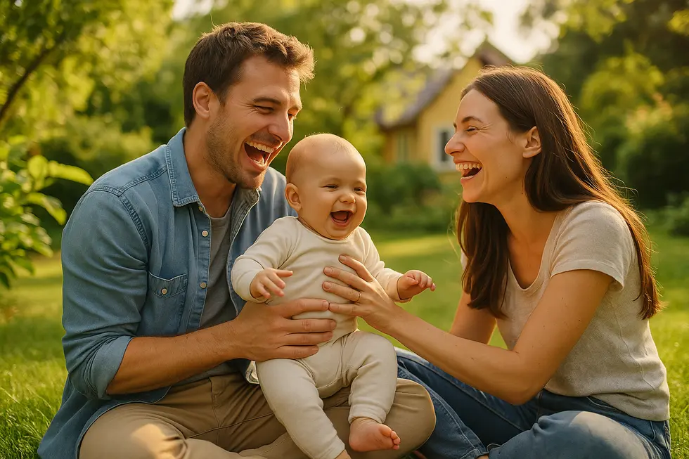 Usmiechnięta rodzina spędza czas razem w ogrodzie, ciesząc się bliskością.