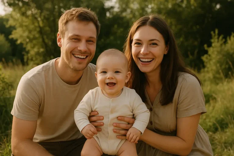 Szczęśliwa rodzina spędzająca czas w naturze, cieszy się sobą nawzajem.