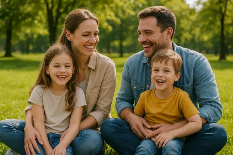Rodzina bawiąca się w parku, reprezentująca równowagę w życiu pracującej mamy.