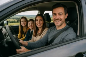 Rodzina w samochodzie, szczęśliwa i gotowa na długą podróż.