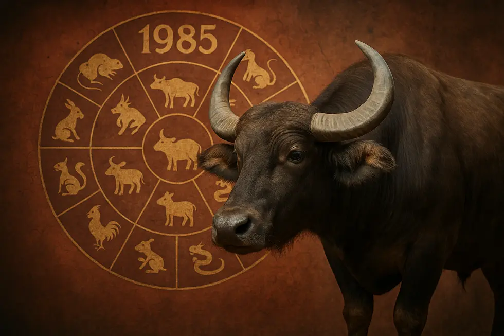 A majestic buffalo combined with traditional Chinese elements, representing the zodiac for 1985.