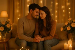 Para dzieląca romantyczne chwile w intymnym otoczeniu.