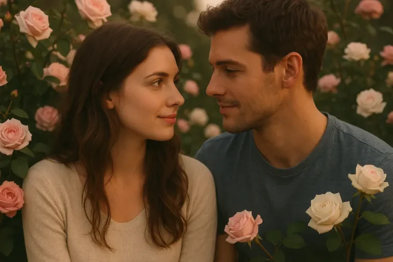 Zakochana para w romantycznym ogrodzie podczas wyznania miłości.