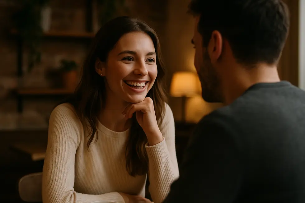 Kobieta rozmawiająca z mężczyzną w przytulnej kawiarni, wyrażająca radość.