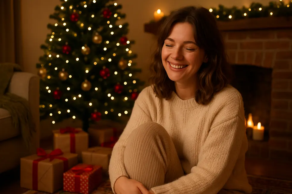 Świąteczne wnętrze z kobietą spędzającą radosne chwile w przytulnym otoczeniu.