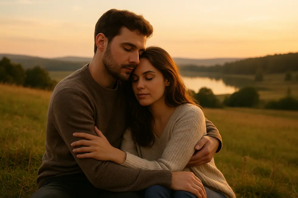 A couple peacefully embracing in a stunning natural setting, representing the balance between intimacy and secrecy in a relationship.