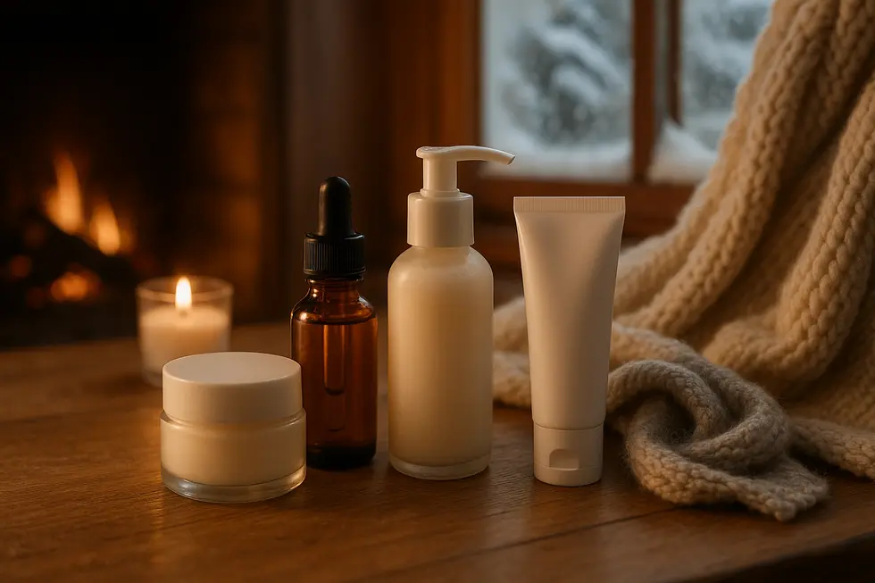 Zestaw kosmetyków do pielęgnacji cery zimą, ukazany w ciepłej i przytulnej scenerii.