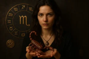 Astrologiczny obrazek przedstawiający Skorpiona, jego symbole i talizmany ochronne.
