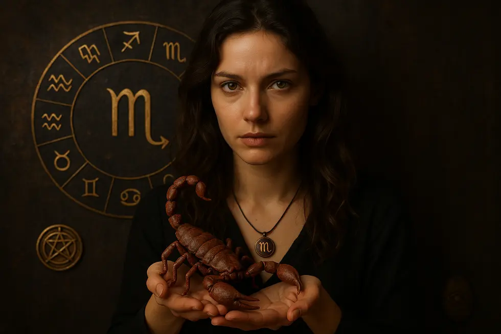 Astrologiczny obrazek przedstawiający Skorpiona, jego symbole i talizmany ochronne.