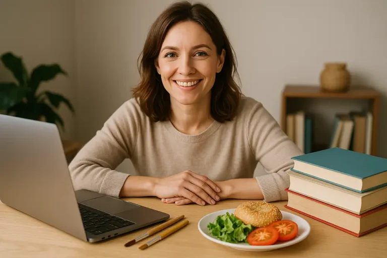 Kobieta w pozytywnym nastroju, otoczona różnymi przedmiotami do pracy dodatkowej.