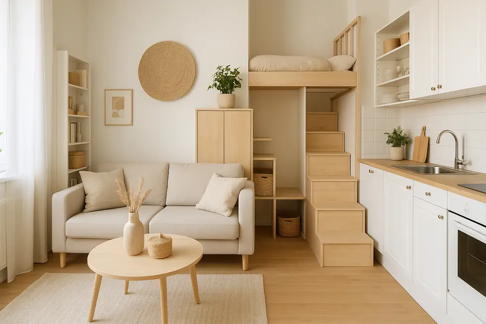Widok stylowego małego mieszkania z optymalnym wykorzystaniem przestrzeni.