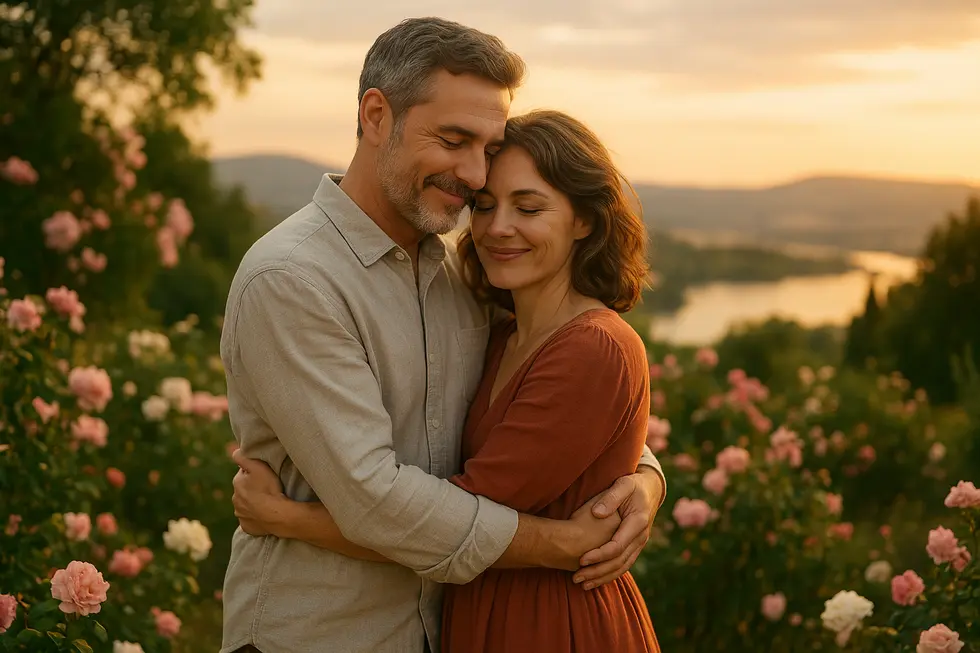 Para w romantycznej dolinie, przytulająca się, symbolizująca trwałą i pełną miłości relację.