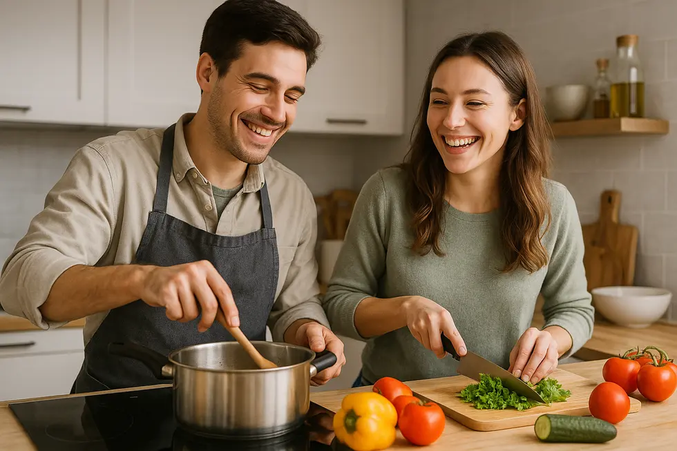 Szczęśliwa para przygotowująca posiłek razem, ilustrująca partnerski podział obowiązków domowych.