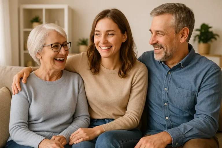 Szczęśliwa rodzina spędza czas razem w atmosferze zrozumienia i wzajemnego wsparcia.