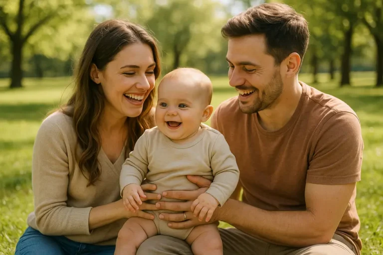 Wesoła rodzina z niemowlęciem w parku, pokazująca radość i jedność związku.