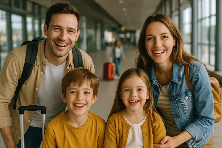Rodzina podróżująca w radości i uśmiechu, gotowa na nowe przygody.