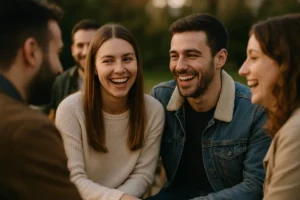 Kobieta i mężczyzna z przyjaciółmi, pełni radości, co celebruje ich integrację.