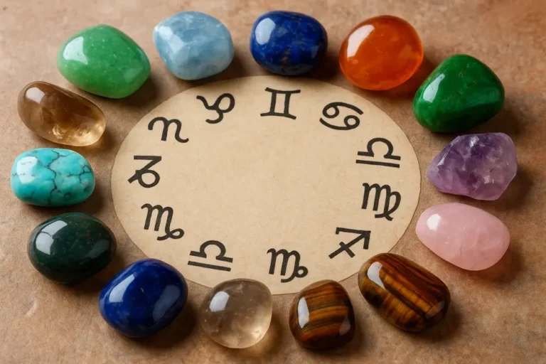 Zestaw różnych kamieni szlachetnych, reprezentujących każdy znak zodiaku, pokazujący ich piękno i energię.